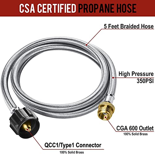 PatioGem Propane Hose, 5FT Propane Adapter 1lb to 20lb, Propane Adapter Hose, Propane Tank Adapter, fit for Weber/Coleman/Blackstone Grill, Buddy Heater, Smoker, Griddle, Camping Stove, Fire Pit