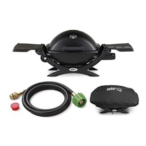 weber q1200 liquid propane grill (black) bundle with adapter hose and grill cover (3 items)