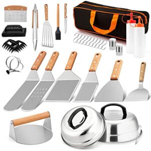 24pcs griddle accessories kit, hasteel stainless steel spatula tools for teppanyaki flat top, complete metal spatulas, melting domes, burger press for outdoor bbq camping, heavy duty & wooden handle