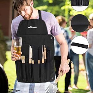 BBQ Grill Tools Set, Outerman 10Pcs Stainless Steel Grilling Tools Kit Gifts for Men & Women, Grilling Utensils Set with Long Oak Handle and Storage Apron for Outdoor Camping Backyard Barbecue