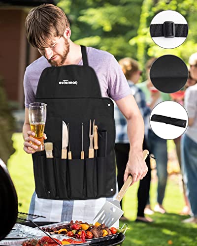 BBQ Grill Tools Set, Outerman 10Pcs Stainless Steel Grilling Tools Kit Gifts for Men & Women, Grilling Utensils Set with Long Oak Handle and Storage Apron for Outdoor Camping Backyard Barbecue