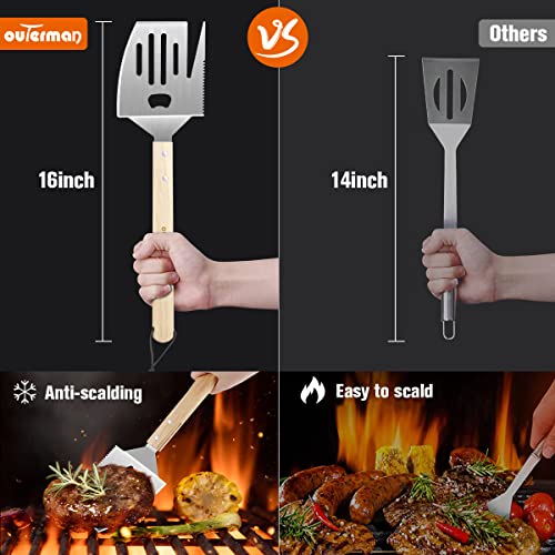 BBQ Grill Tools Set, Outerman 10Pcs Stainless Steel Grilling Tools Kit Gifts for Men & Women, Grilling Utensils Set with Long Oak Handle and Storage Apron for Outdoor Camping Backyard Barbecue
