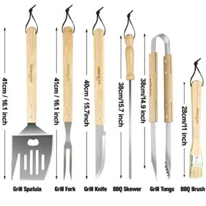 BBQ Grill Tools Set, Outerman 10Pcs Stainless Steel Grilling Tools Kit Gifts for Men & Women, Grilling Utensils Set with Long Oak Handle and Storage Apron for Outdoor Camping Backyard Barbecue