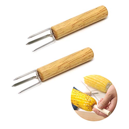 HONBAY 8PCS Stainless Steel Corn Holders Corn Cob Holders Corn Forks with Wood Handle for Home Cooking, BBQ Grill