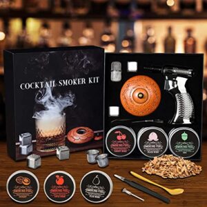 old fashioned smoker kit with torch and 2 ice cubes,6 flavors of wood smoker chips with exquisite packaging- cocktail smoker kit whiskey smoker kit drink smoker kit infuse whiskey and bourbon – gift for dad & husband & friend (no butane)