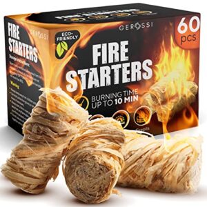 fire starter – natural pine fire starters for fireplace, campfires, grill, wood & pellet stove, chimney, fire pit, bbq, smoker – 60 pack w/10 min burning time – all weather & odorless firestarter