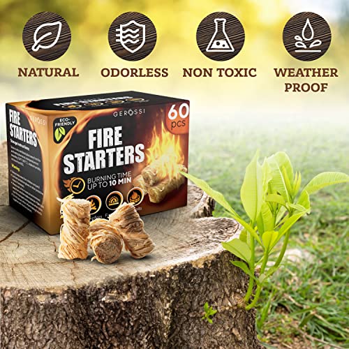 Fire Starter - Natural Pine Fire Starters for Fireplace, Campfires, Grill, Wood & Pellet Stove, Chimney, Fire Pit, BBQ, Smoker - 60 Pack w/10 Min Burning Time - All Weather & Odorless Firestarter