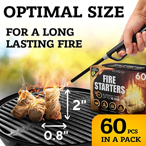 Fire Starter - Natural Pine Fire Starters for Fireplace, Campfires, Grill, Wood & Pellet Stove, Chimney, Fire Pit, BBQ, Smoker - 60 Pack w/10 Min Burning Time - All Weather & Odorless Firestarter