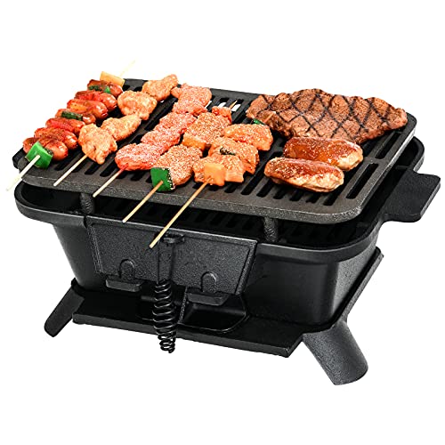 Happygrill Charcoal Grill Portable Barbecue Smoker Grill, Cast Iron Hibachi Grill with Double-sided Grilling Net Air Regulating Door Fire Gate for Outdoor Cooking Camping Hiking Party