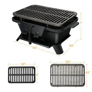 Happygrill Charcoal Grill Portable Barbecue Smoker Grill, Cast Iron Hibachi Grill with Double-sided Grilling Net Air Regulating Door Fire Gate for Outdoor Cooking Camping Hiking Party