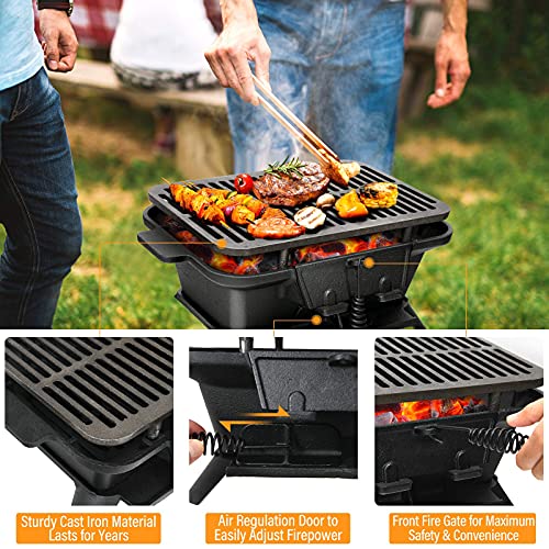 Happygrill Charcoal Grill Portable Barbecue Smoker Grill, Cast Iron Hibachi Grill with Double-sided Grilling Net Air Regulating Door Fire Gate for Outdoor Cooking Camping Hiking Party