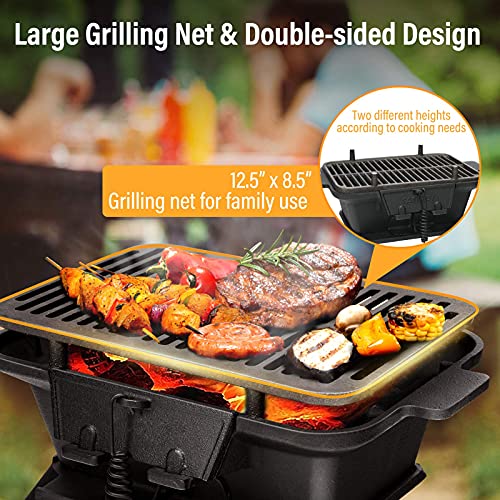 Happygrill Charcoal Grill Portable Barbecue Smoker Grill, Cast Iron Hibachi Grill with Double-sided Grilling Net Air Regulating Door Fire Gate for Outdoor Cooking Camping Hiking Party