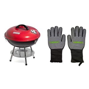 cuisinart grill bundle – portable charcoal grill, 14″ (red) & heat resistant grill gloves (black)