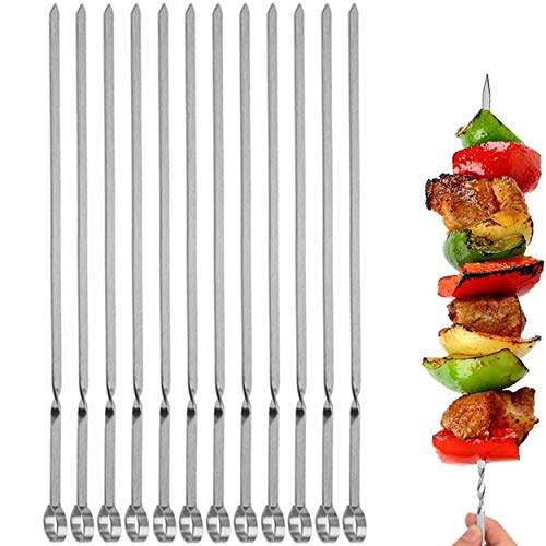 JOMVERL 12PCS Kabob Skewers Flat Metal BBQ Barbecue Skewer 14" Long Stainless Steel Shish Kebob Sticks Wide Reusable Grilling Skewers Set for Meat Shrimp Chicken Vegetable, 12 Pack