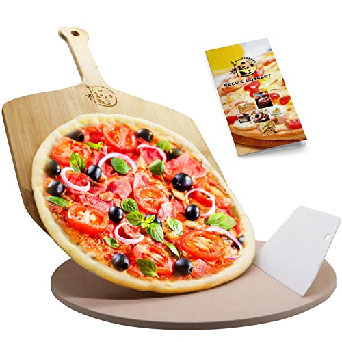 AILUROPODA 13" Round Pizza Stone for Oven and Grill with Bamboo Pizza Paddle, Cleaning Scraper and Recipe Cordierite Baking Stone for Oven Thermal Shock Resistant