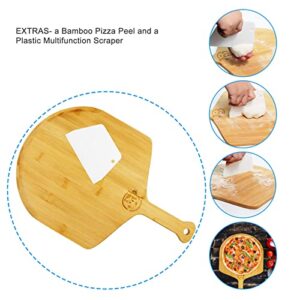 AILUROPODA 13" Round Pizza Stone for Oven and Grill with Bamboo Pizza Paddle, Cleaning Scraper and Recipe Cordierite Baking Stone for Oven Thermal Shock Resistant