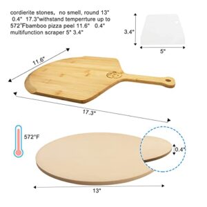 AILUROPODA 13" Round Pizza Stone for Oven and Grill with Bamboo Pizza Paddle, Cleaning Scraper and Recipe Cordierite Baking Stone for Oven Thermal Shock Resistant