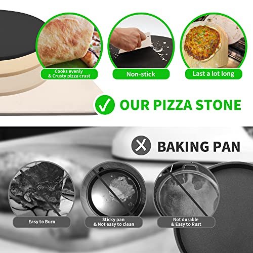 AILUROPODA 13" Round Pizza Stone for Oven and Grill with Bamboo Pizza Paddle, Cleaning Scraper and Recipe Cordierite Baking Stone for Oven Thermal Shock Resistant