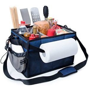fangsun large grill and picnic caddy with paper towel holder, bbq organizer for utensil, plate, condiment, collapsible & easy carry griddle caddy, must haves for outdoor, camper, travel, car, rv