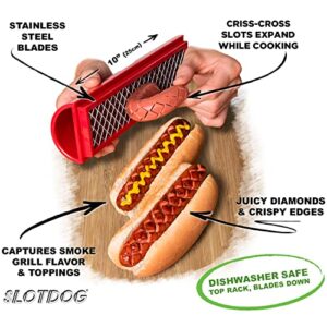 SLOTDOG - Hot Dog Slicing Tool - Stainless Steel Cutter Blades for Kitchen, Grilling, Tailgating, Camping and Backyard Outdoor BBQ - 10 inch - Red