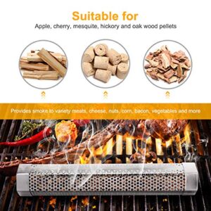 Pellet Smoker Tube, 2 Pack 12'' Stainless Steel BBQ Wood Pellet Tube Smoker with 2 Hooks and 2 Brushes for Cold/Hot Smoking
