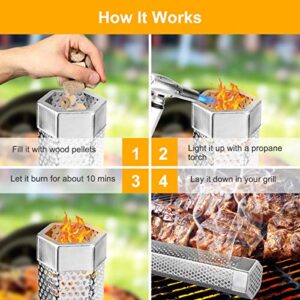 Pellet Smoker Tube, 2 Pack 12'' Stainless Steel BBQ Wood Pellet Tube Smoker with 2 Hooks and 2 Brushes for Cold/Hot Smoking