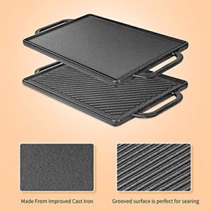 Hisencn Cast Iron Stove Griddle for Gas Grill, Nonstick 2-in-1 Reversible Cast Iron Grill Pan 15.47" x 8.18"