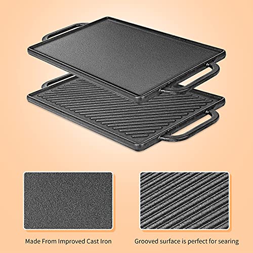 Hisencn Cast Iron Stove Griddle for Gas Grill, Nonstick 2-in-1 Reversible Cast Iron Grill Pan 15.47" x 8.18"