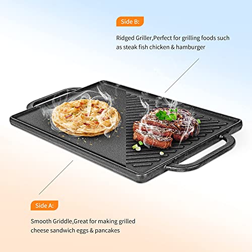 Hisencn Cast Iron Stove Griddle for Gas Grill, Nonstick 2-in-1 Reversible Cast Iron Grill Pan 15.47" x 8.18"