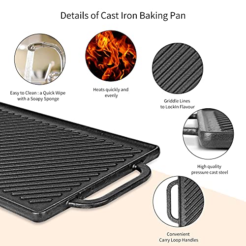 Hisencn Cast Iron Stove Griddle for Gas Grill, Nonstick 2-in-1 Reversible Cast Iron Grill Pan 15.47" x 8.18"