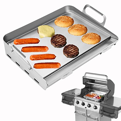 Universal Stainless Steel Griddle, Flat Top Grill with Removable Grease Tray, Griddle for Gas Griddle, Telescopic Support to Accommodate Different Sizes Gas/Charcoal Grill, for Camping & Parties