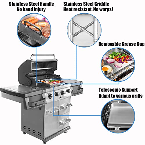 Universal Stainless Steel Griddle, Flat Top Grill with Removable Grease Tray, Griddle for Gas Griddle, Telescopic Support to Accommodate Different Sizes Gas/Charcoal Grill, for Camping & Parties