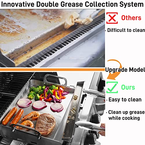 Universal Stainless Steel Griddle, Flat Top Grill with Removable Grease Tray, Griddle for Gas Griddle, Telescopic Support to Accommodate Different Sizes Gas/Charcoal Grill, for Camping & Parties