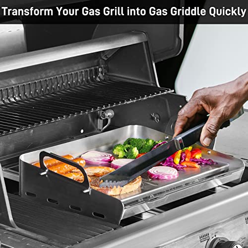 Universal Stainless Steel Griddle, Flat Top Grill with Removable Grease Tray, Griddle for Gas Griddle, Telescopic Support to Accommodate Different Sizes Gas/Charcoal Grill, for Camping & Parties