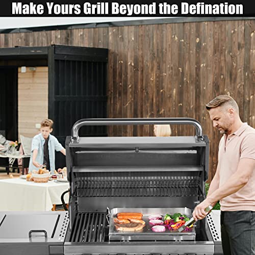 Universal Stainless Steel Griddle, Flat Top Grill with Removable Grease Tray, Griddle for Gas Griddle, Telescopic Support to Accommodate Different Sizes Gas/Charcoal Grill, for Camping & Parties