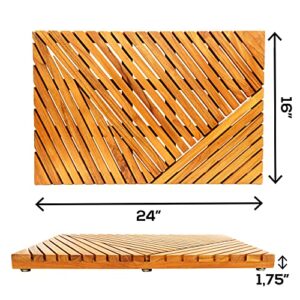 Teak Bath Mat - Natural Teak Shower Mat for Bathroom, Sauna, Pool, Hot Tub and RV Outdoor Shower Mat - 24in x 16in (Stripes)