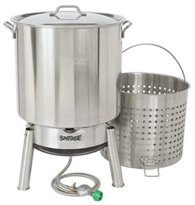 bayou classic stainless steel boiler cooker kit features 82-qt stainless boiler with lid, steam/boil basket with helper handle, single jet 106,000 btu burner, 10-psi pre-set regulator and 60-in hose