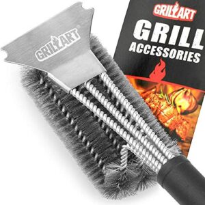 grillart grill brush and scraper bbq brush for grill, safe 18″ stainless steel woven wire 3 in 1 bristles grill cleaning brush, br-4516