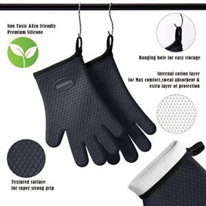 Kitchen Oven Gloves,Silicone and Cotton Double-Handle Hot Food Right on Your Grill Fryer,Layer Heat Resistant Oven Mitts/BBQ Gloves/Grill Gloves-Perfect for Baking and Grilling,10.8x7.7inches,Black