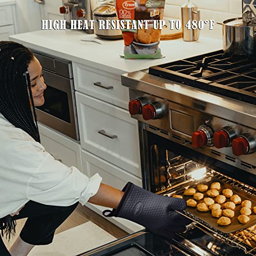 Kitchen Oven Gloves,Silicone and Cotton Double-Handle Hot Food Right on Your Grill Fryer,Layer Heat Resistant Oven Mitts/BBQ Gloves/Grill Gloves-Perfect for Baking and Grilling,10.8x7.7inches,Black