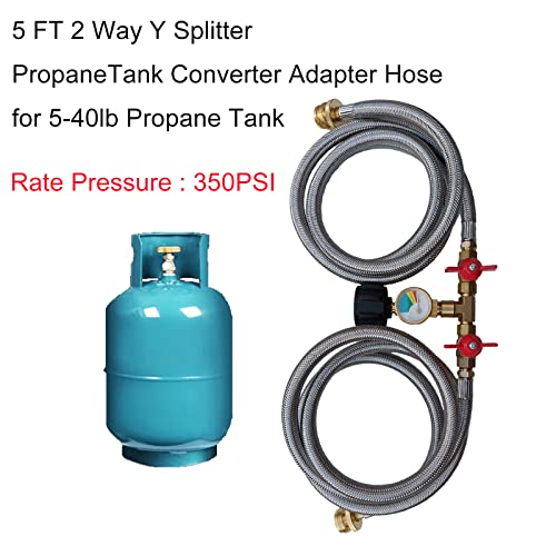 5 FT Propane Splitter Hose,Upgraded 2 Way Stainless Braided Y Splitter Adapter Hose 1lb to 20lb Converter with Shut Off Valve with Gauge Propane Hose Adapter for QCC1/Type1 5-40lbs Tank BBQ Grill