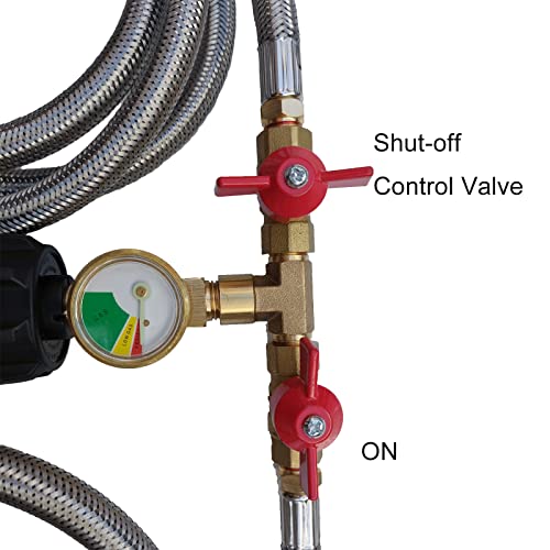 5 FT Propane Splitter Hose,Upgraded 2 Way Stainless Braided Y Splitter Adapter Hose 1lb to 20lb Converter with Shut Off Valve with Gauge Propane Hose Adapter for QCC1/Type1 5-40lbs Tank BBQ Grill