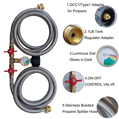5 FT Propane Splitter Hose,Upgraded 2 Way Stainless Braided Y Splitter Adapter Hose 1lb to 20lb Converter with Shut Off Valve with Gauge Propane Hose Adapter for QCC1/Type1 5-40lbs Tank BBQ Grill