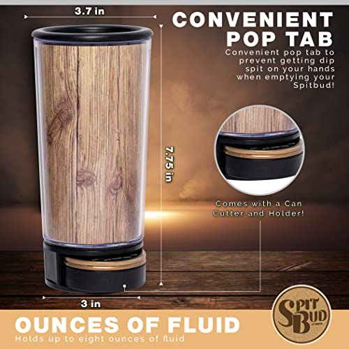 Wood Grain by Spit Bud - The Ultimate Spittoon for Chew - Portable Dip & Snuff Cup with Lid, Pop Tab, Spill-Proof Funnel, Can Cutter & Holder - Fit in Cup Holders - Holds 8oz - Made in USA