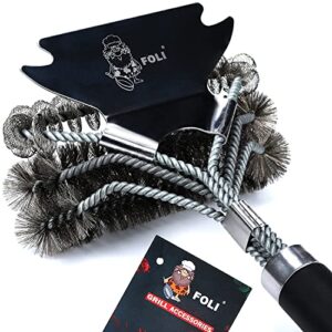 foli grill brush and scraper – bristle free & wire combined grill brush – grill accessories for cleaning – 18″ efficient&safe cleaner for gas/porcelain/charcoal grills – bbq accessories gifts for men