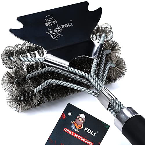 FOLI Grill Brush and Scraper - Bristle Free & Wire Combined Grill Brush - Grill Accessories for Cleaning - 18" Efficient&Safe Cleaner for Gas/Porcelain/Charcoal Grills - BBQ Accessories Gifts for Men