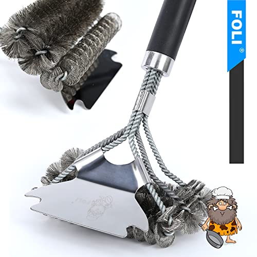 FOLI Grill Brush and Scraper - Bristle Free & Wire Combined Grill Brush - Grill Accessories for Cleaning - 18" Efficient&Safe Cleaner for Gas/Porcelain/Charcoal Grills - BBQ Accessories Gifts for Men