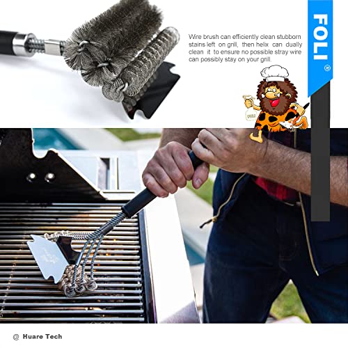 FOLI Grill Brush and Scraper - Bristle Free & Wire Combined Grill Brush - Grill Accessories for Cleaning - 18" Efficient&Safe Cleaner for Gas/Porcelain/Charcoal Grills - BBQ Accessories Gifts for Men