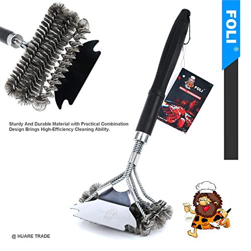 FOLI Grill Brush and Scraper - Bristle Free & Wire Combined Grill Brush - Grill Accessories for Cleaning - 18" Efficient&Safe Cleaner for Gas/Porcelain/Charcoal Grills - BBQ Accessories Gifts for Men