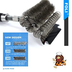 FOLI Grill Brush and Scraper - Bristle Free & Wire Combined Grill Brush - Grill Accessories for Cleaning - 18" Efficient&Safe Cleaner for Gas/Porcelain/Charcoal Grills - BBQ Accessories Gifts for Men